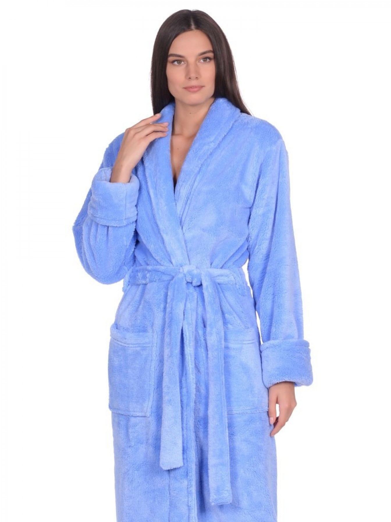 Купить удлиненный пушистый халат из велсофта Tendre (PM France 745)- голубой