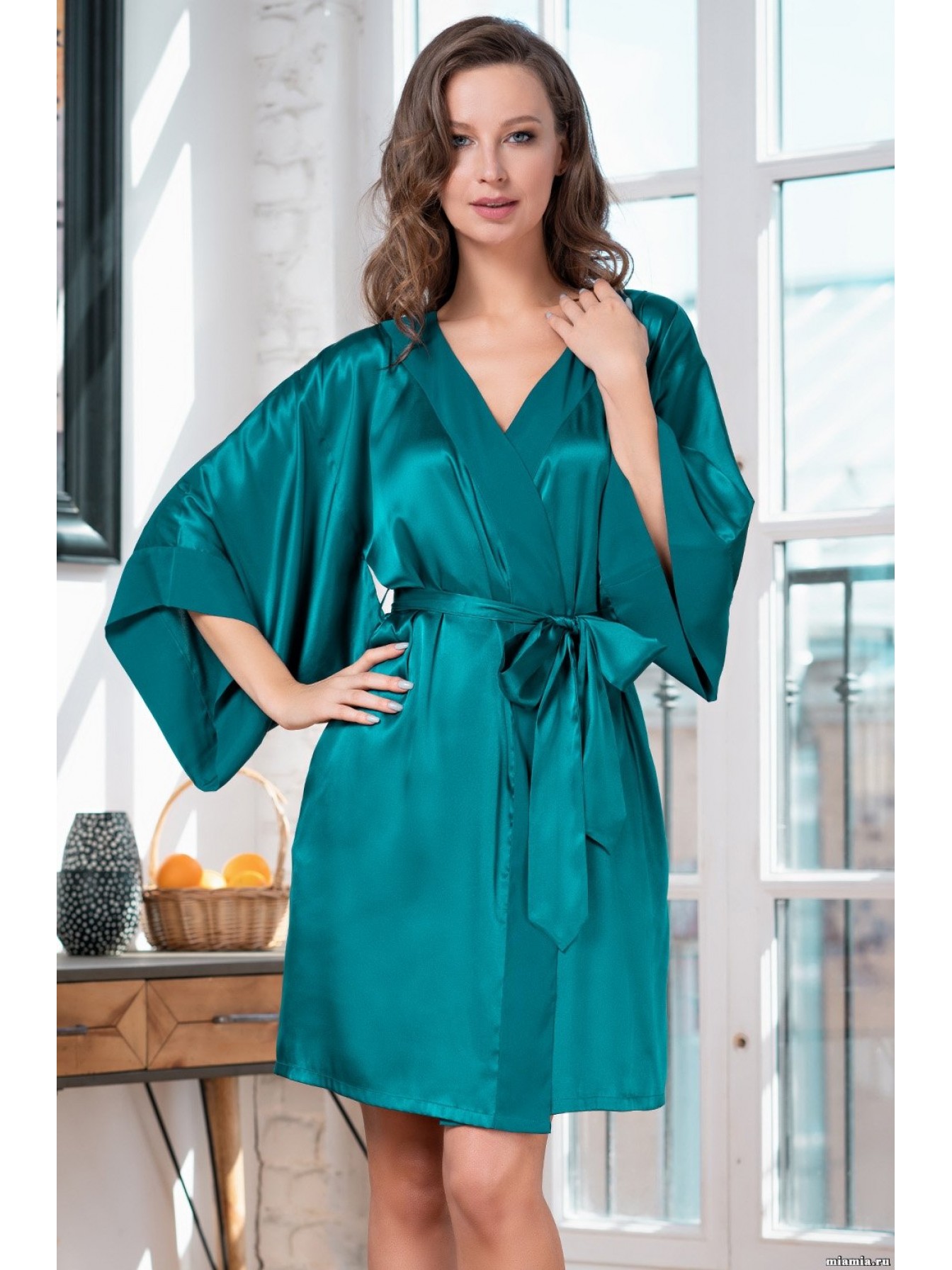 Купить короткий зелёный шелковый халат Mia-Amore 8313 Veronica