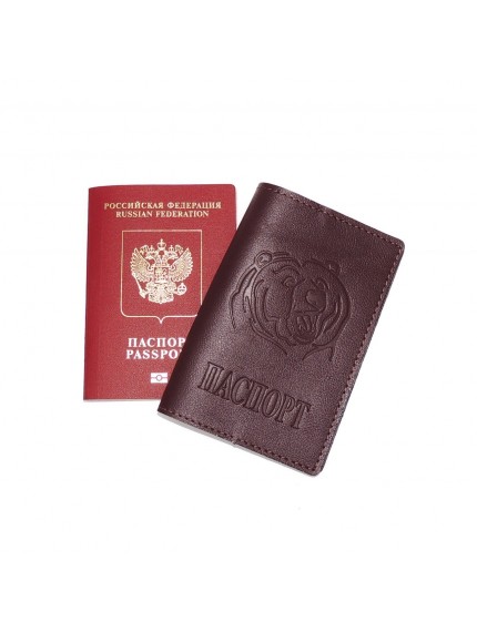 Обложка для паспорта кожаная бордовая Медведь