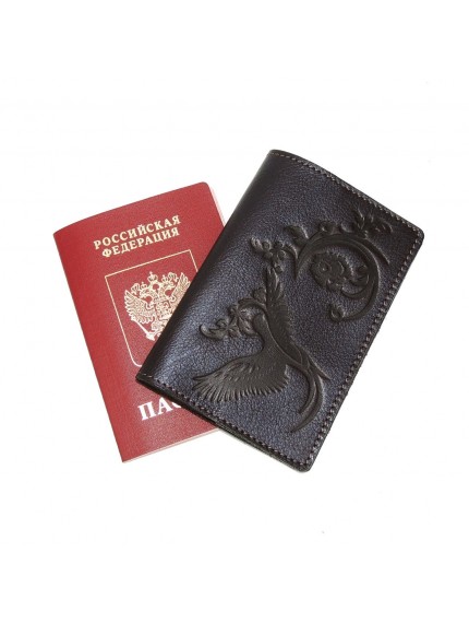 Обложка для паспорта коричневая кожаная Птица