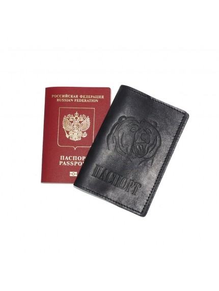 Обложка для паспорта кожаная Черный, Медведь добрый