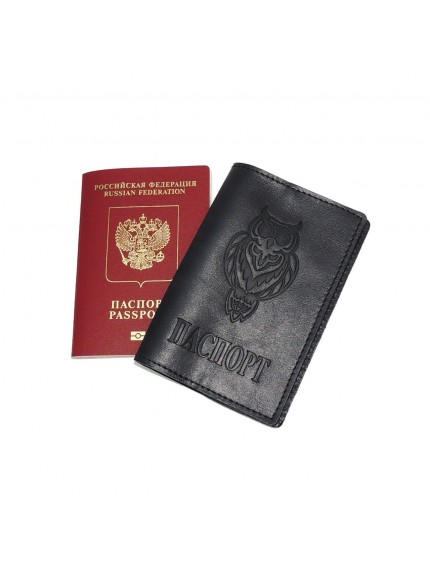 Обложка для паспорта кожаная Черный, Филин