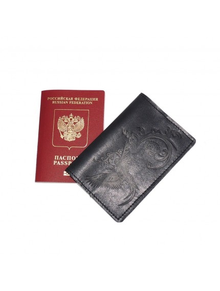 Обложка для паспорта кожаная Черный, Птица