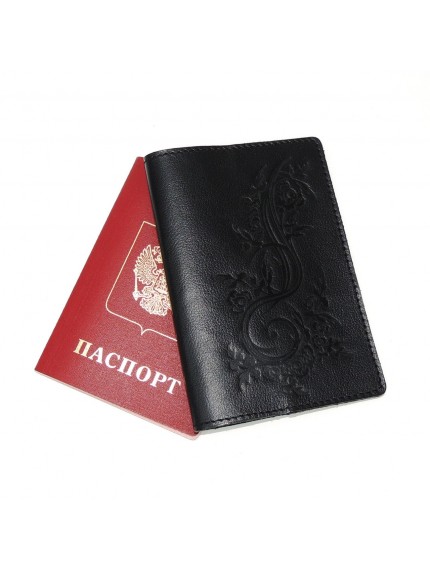 Обложка для паспорта черная кожаная Цветы